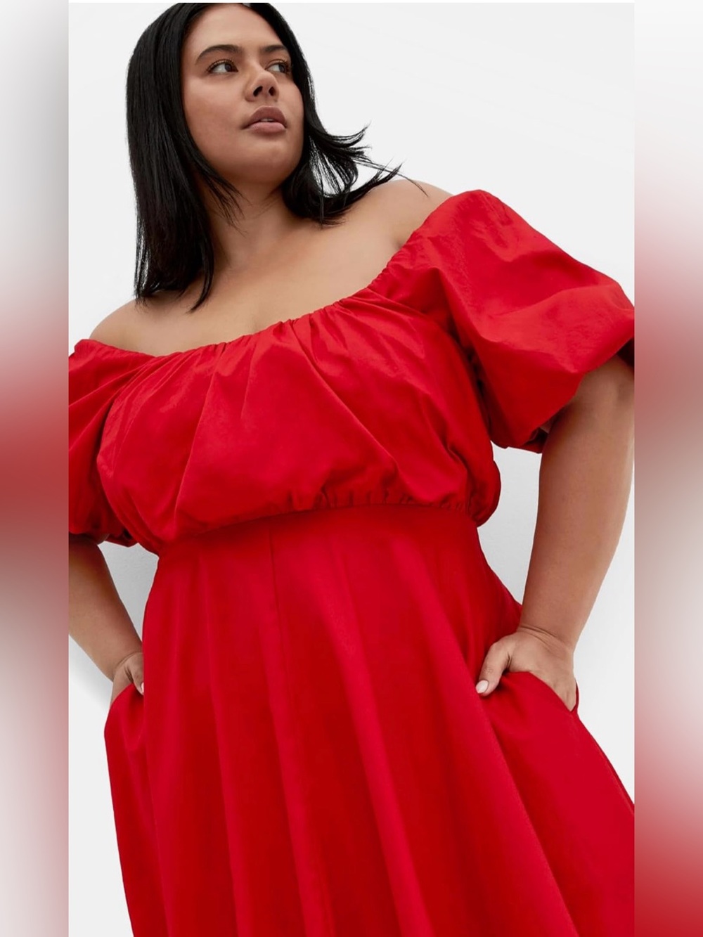 City Chic Vibrant Red Off-Shoulder Puff-Sleeve Midi Dress